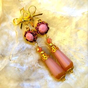 Victorian Pink Matte In Flower Swarovski Crystal & Glass In Dangle Earrings